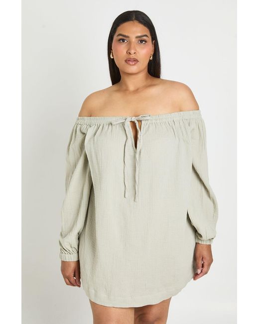 Boohoo White Plus Bardot Volume Sleeve Beach Dress