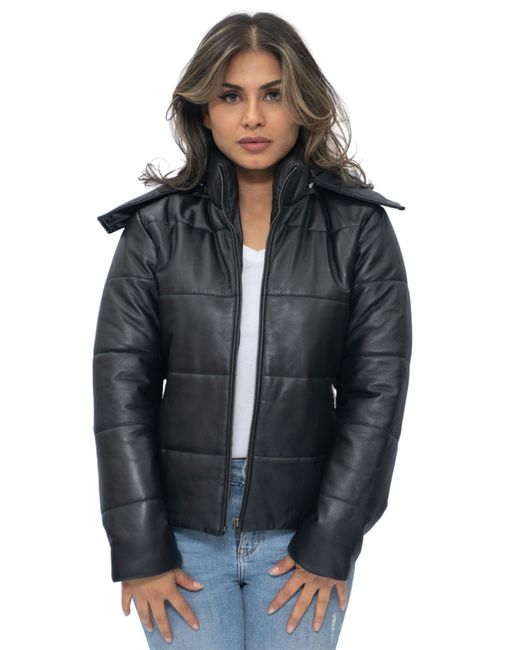 Infinity Leather Black Puffer Bomber Jacket-Ajax