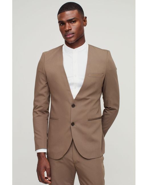 BoohooMAN Brown Skinny Fit Collarless Single Breasted Blazer for men