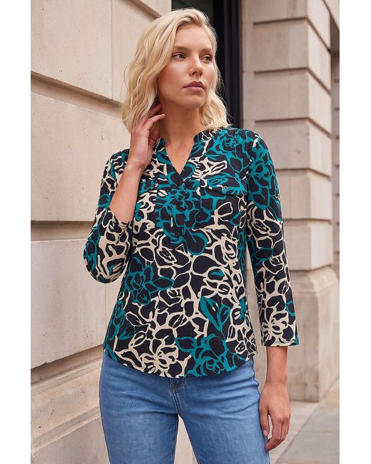 Roman Blue Petite Abstract Print Button Top
