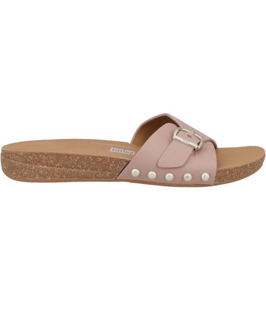 Fitflop Brown Fit Flop /Ladies Leather Buckle Detail Sliders Buff)