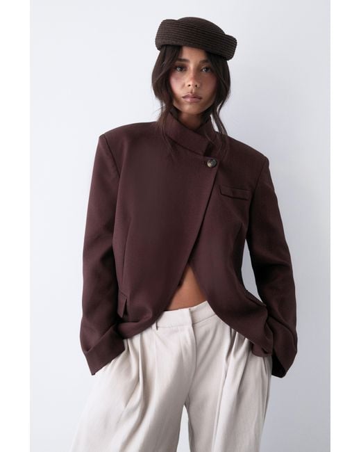 Boohoo Brown Funnel Neck Wrap Front Blazer