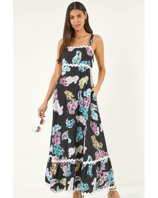 Roman White Feather Print Ric Rac Maxi Dress