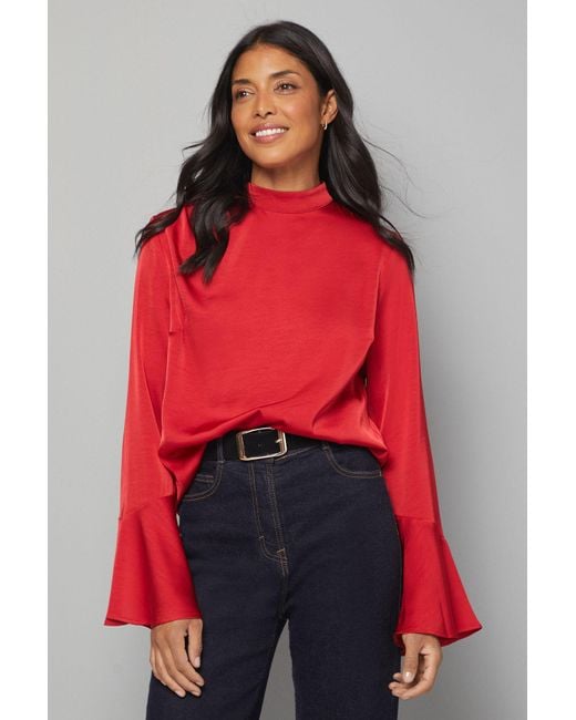 Wallis Red Satin High Neck Flute Blouse