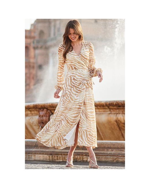 Sosandar Natural Metallic Animal Print Blouson Sleeve Wrap Midaxi Dress