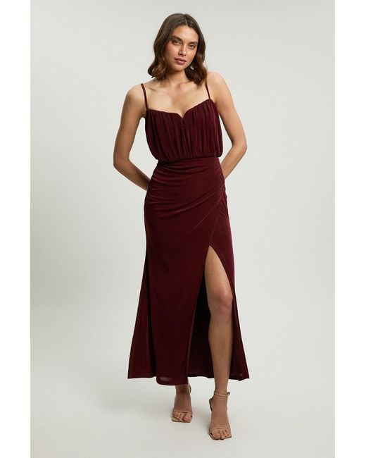 Karen Millen Red Drapey Crepe Bodice Detail Split Maxi Dress