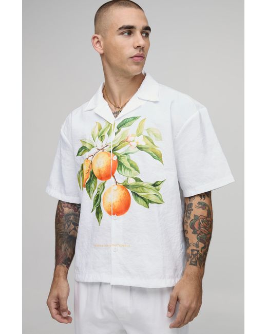 BoohooMAN White Oversized Boxy Fruit Print Revere Shirt for men