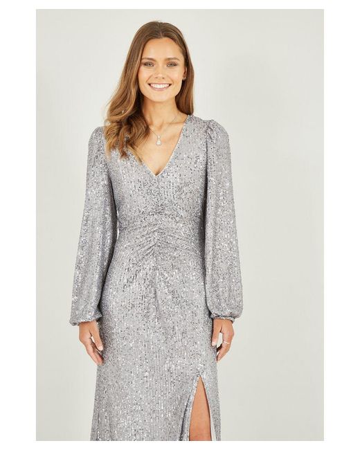 Yumi' White Silver Sequin Ruched Front Long Sleeve Midi Dress