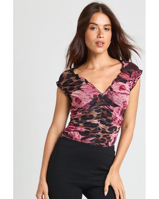 Boohoo Red Animal Floral Mesh Ruched Neckline Bodysuit