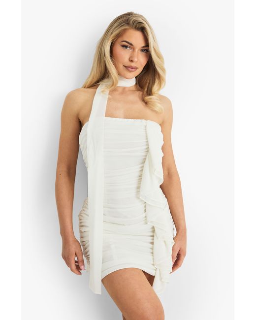 Boohoo White Chiffon Scarf Detail Ruched Mini Dress