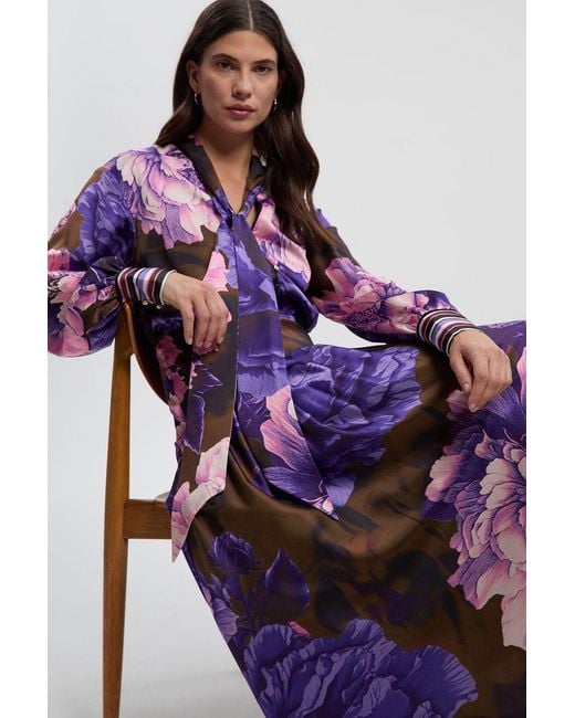 Karen Millen Purple Petite Print Hammered Satin Collared Woven Shirt Dress