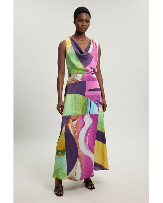 Karen Millen White Abstract Twist Shoulder Satin Viscose Midi Dress