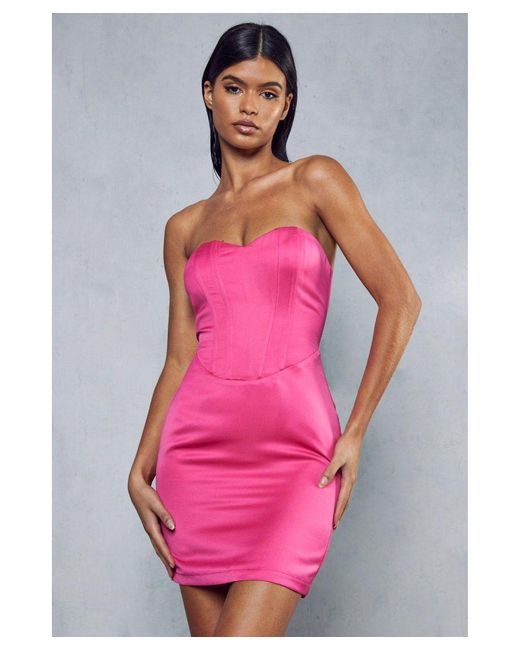 MissPap Pink Premium Satin Curved Bust Corseted Mini Dress