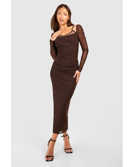 Boohoo Brown Tall Mesh Lace Trim Detail Midaxi Dress