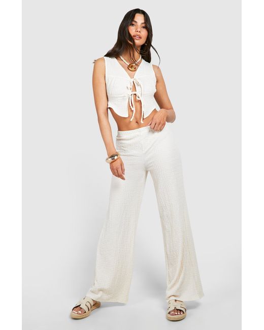 Boohoo White Textured Crinkle Tie Front Top & Wide Leg Trousers