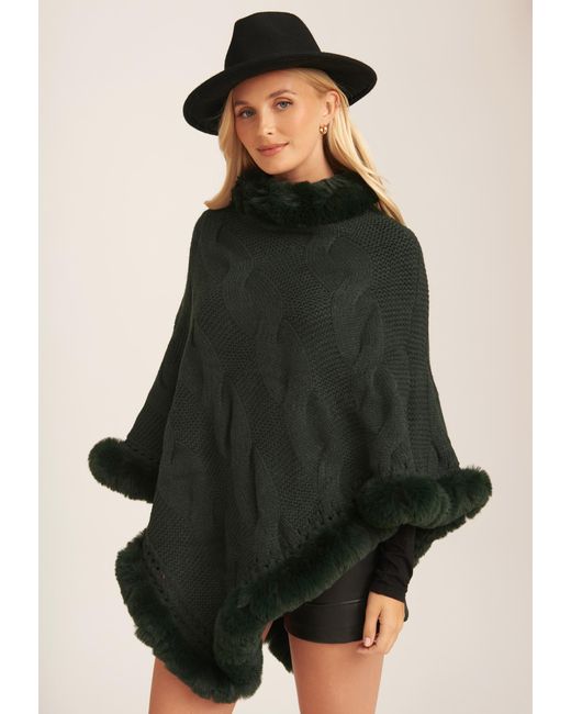 Gini London Black Fur Trim Knit Cape