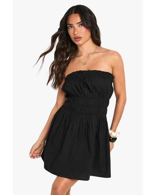 Boohoo Black Petite Cotton Poplin Shirred Mini Dress