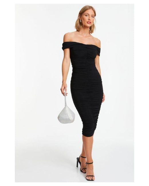 Quiz Black Bardot Ruched Midi Dress