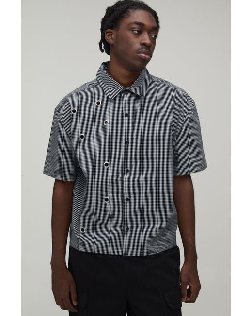 BoohooMAN Gray Oversized Boxy Eyelet Detail Micro Check Shirt for men