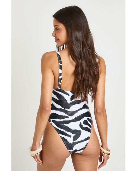 Boohoo Blue Zebra Print Tummy Control O-Ring Plunge Swimsuit