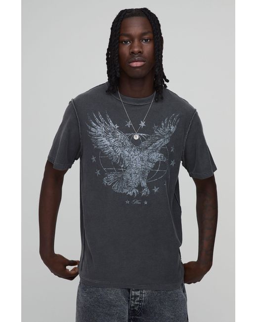 BoohooMAN Gray Regular Washed Exposed Seam Eagle Graphic T-Shirt Cotton for men