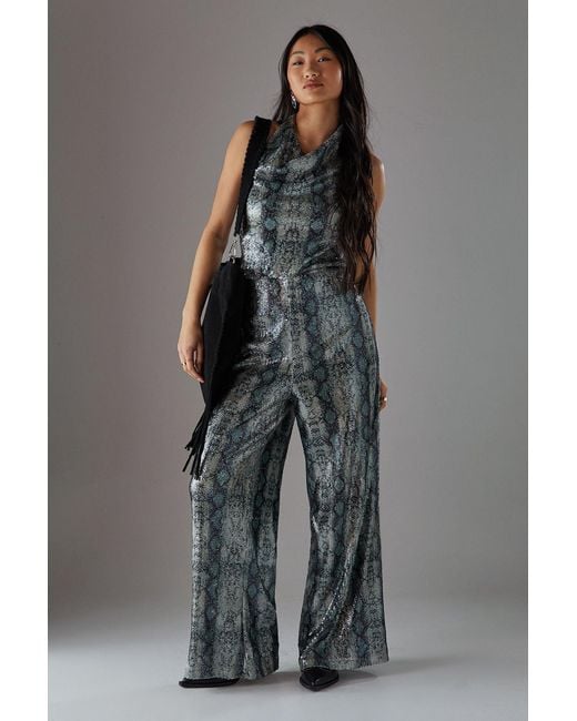 Warehouse Gray Petite Snake Sequin Cowl Neck Drop Waist Jumpsuit