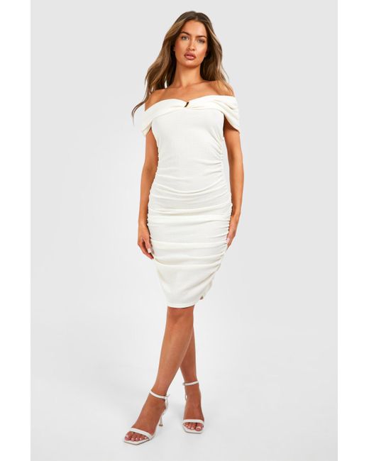 Boohoo White Bardot Crinkle Texture Mini Dress