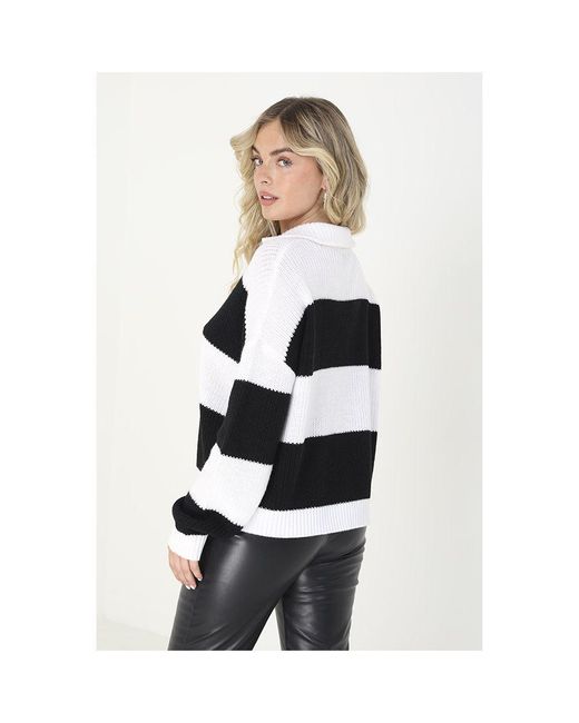 Brave Soul White 'Florence' Striped Knitted Jumper With Zip Neck
