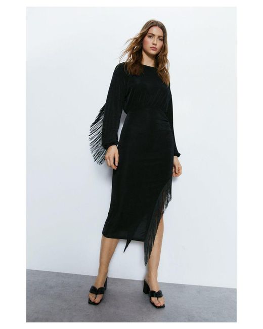 Warehouse Black Fringed Long Sleeve Midi Dress
