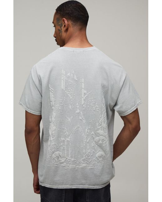 BoohooMAN Gray Oversized Gothic Tonal Print Washed T-Shirt for men
