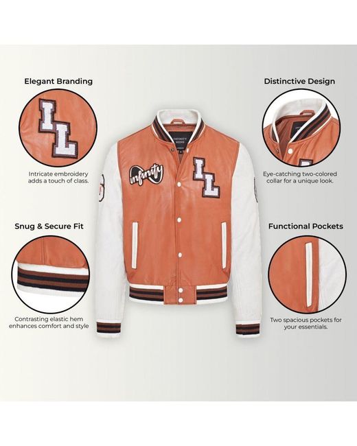 Infinity Leather Orange Baseball Letterman Bomber Jacket for men