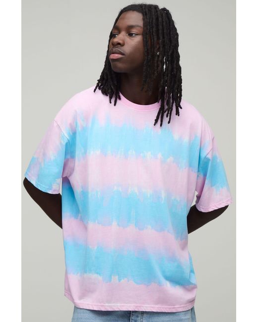 BoohooMAN Blue Oversized Striped Tie Dye T-Shirt for men