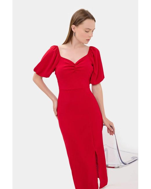 Hiccup Red Sweetheart Neck Midi Dress With A Side Slit