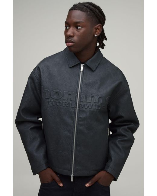 BoohooMAN Gray Boxy Fit Embossed Homme Pu Harrington Jacket for men