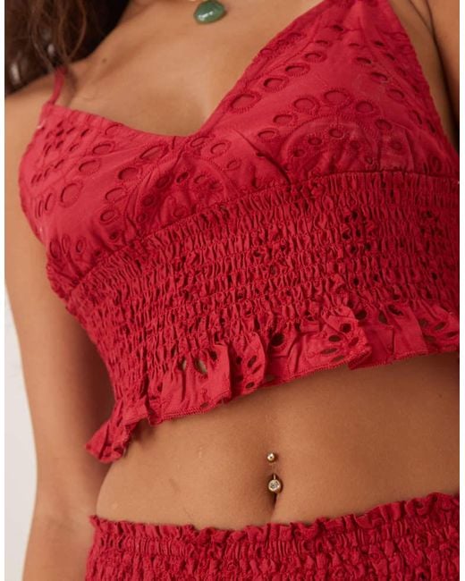 Iisla & Bird Red Broderie V Neck Ruch Beach Top Co-Ord