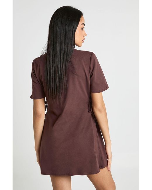 Boohoo Brown Cotton Tie Up Side Detail Tshirt Dress