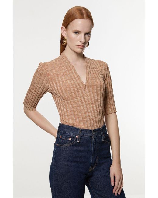 Karen Millen Blue Twist Yarn Zip Detail Figure Form Ribbed Knitted Top
