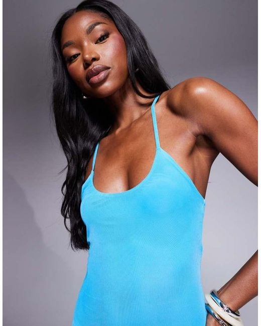 ASOS Blue Mesh Super Scoop Cami Maxi Dress