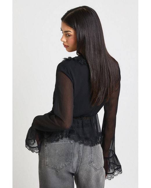 Boohoo Black Lace Trim Chiffon Ruffle Blouse