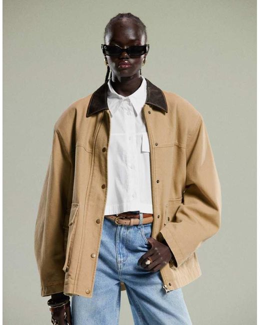 ASOS Natural Oversized Washed Jacket With Leather Look Collar