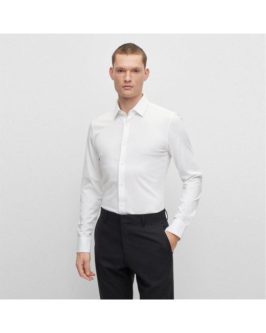 Boss White Slim Fit Collared Long Sleeve Oxford Shirt for men