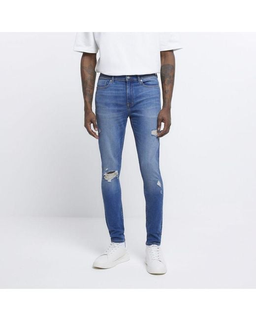 River Island Blue Super Skinny Jeans Fit Ripped Cotton for men