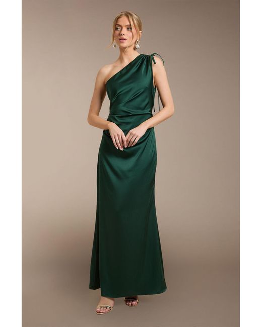 Oasis Green Ruched Side Detail One Shoulder Satin Maxi Bridesmaid Dress