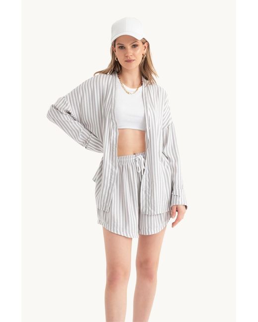 Hiccup White 2 Pieces: Striped V Neck Relaxed Shirt & Drawstring Shorts