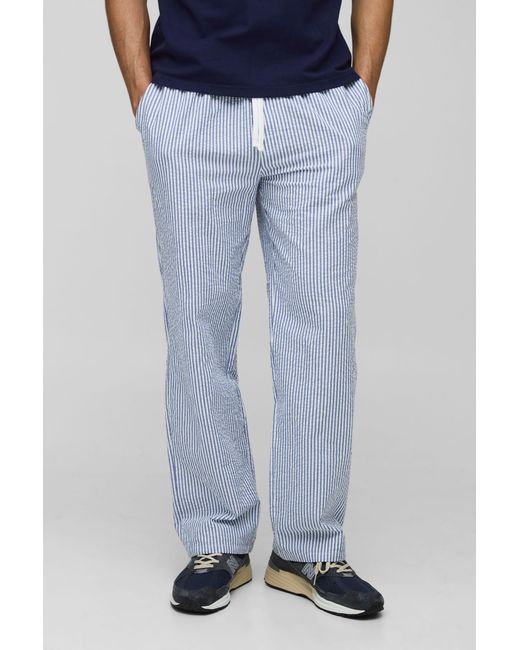 BoohooMAN Blue Elasticated Relaxed Fit Striped Seersucker Trousers for men