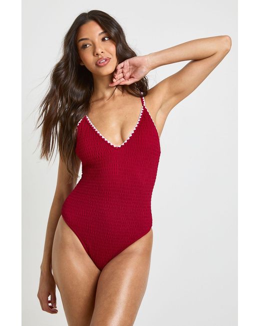 Boohoo Red Contrast Stitch Swimsuit