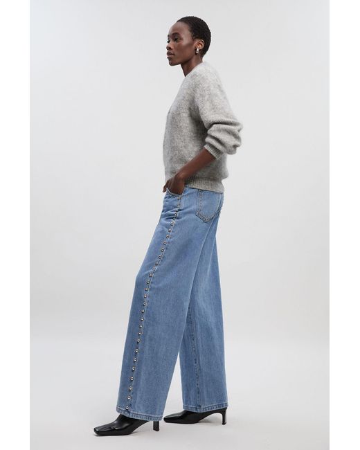 Karen Millen Blue Denim Studded Wide Leg Trouser