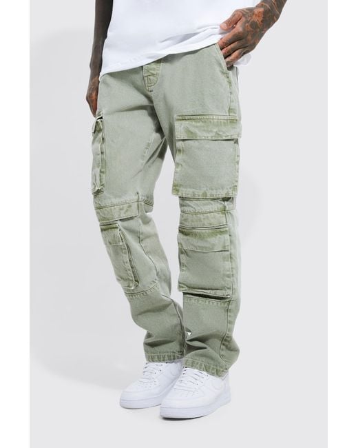 BoohooMAN Green Relaxed Fit Washed Multi Pocket Cargo Jeans for men