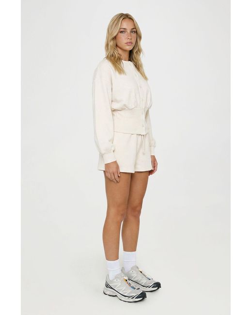 Boohoo White Cinched Waist Button Through Sweatshirt Short Tracksuit