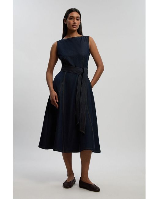 Karen Millen Blue Denim Belted Full Skirt Tailored Dress